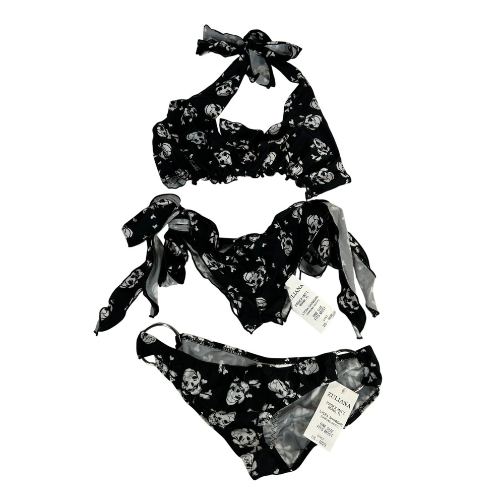 Zuliana Showgirl Lycra 3 Piece Set Skulls Halter Top Tie Side O-Ring Bottoms OS